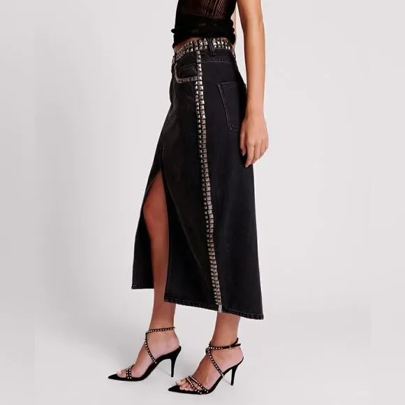 One Teaspoon BLACK OAK STUDDED ROCKO LONG LENGTH DENIM SKIRT/ size 27 - Picture 2 of 8